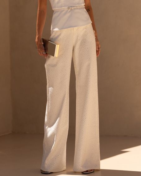 Calça Sarja Strass Off White