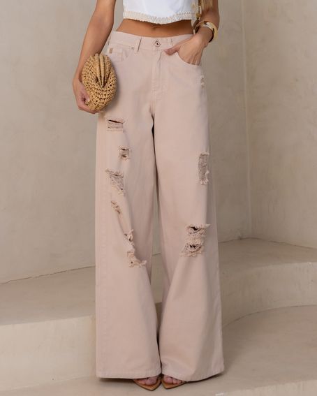 Calça Sarja Destroyed Bege