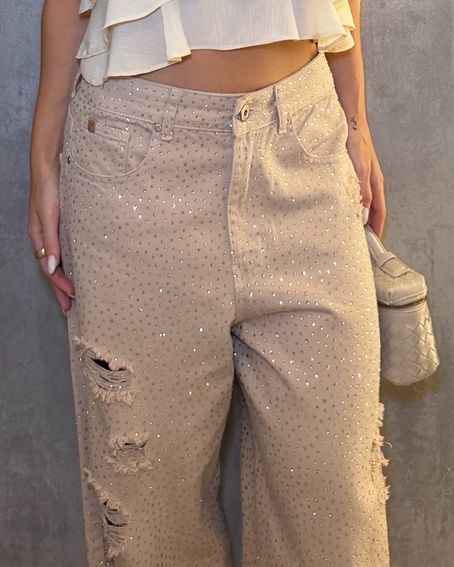 Calça Sarja Destroyed Hotfix Bege