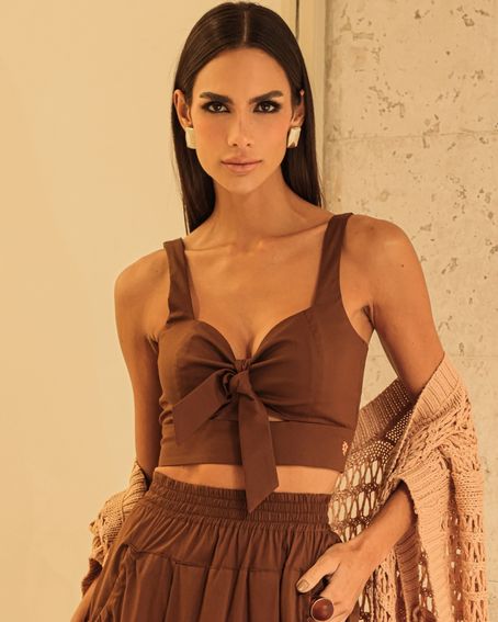 Top Algodão Nó Marrom Café